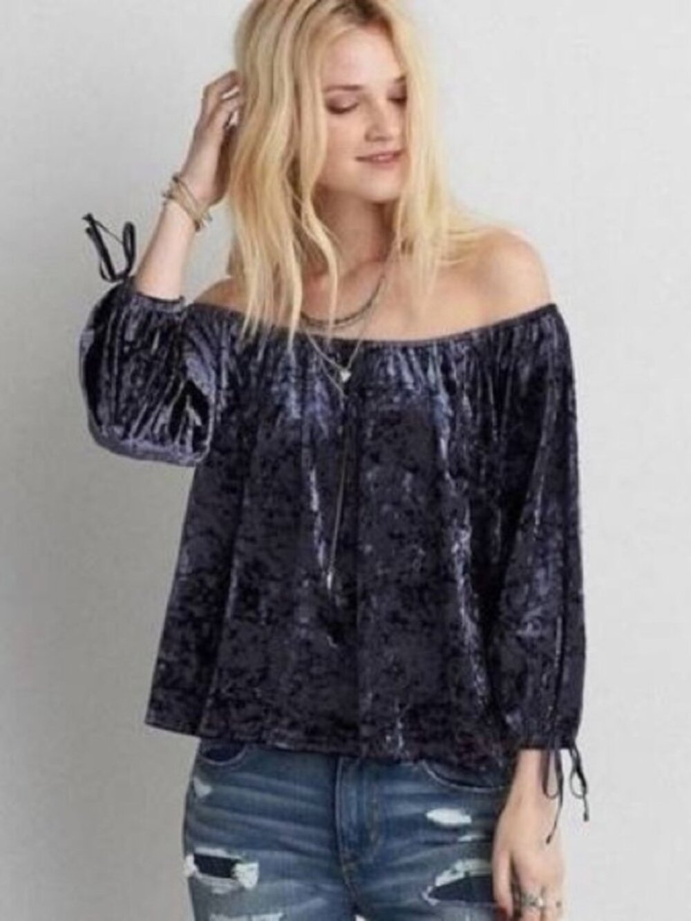 American Eagle Velvet Navy Blouse Off the Shoulder